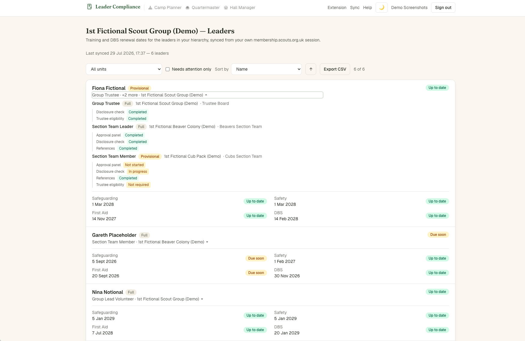 The leaders dashboard: a leader with three roles expanded, each showing its unit, team and approval checks, with Provisional badges and a mix of up-to-date and due-soon training and DBS dates